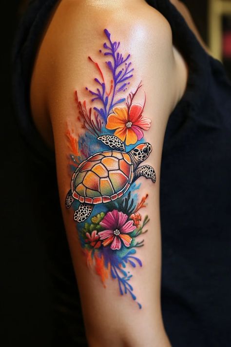 Sea Turtle Tattoo Ideas Fijian Turtle Tattoo, Guam Turtle Tattoo, Sea Turtle Arm Sleeve Tattoo, Rainforest Tattoo Ideas, Sea Turtle Family Tattoo, Turtle Tattoo Color, Coral Tattoo Reef, Watercolor Sea Turtle Tattoo, Tropical Tattoos For Women