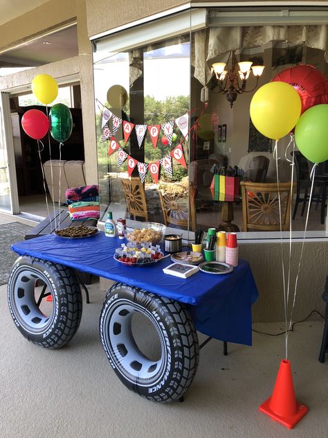 Off Roading Party Ideas, Monster Truck Ideas For Party, Mechanic Decorations Party, 4 Wheeling Birthday Party, Trucks And Tiaras Birthday Party Ideas, Monster Truck Birthday Party Centerpiece, Jeep Party Ideas Birthdays, Pick Up Truck Birthday Party, Tire Birthday Party Ideas