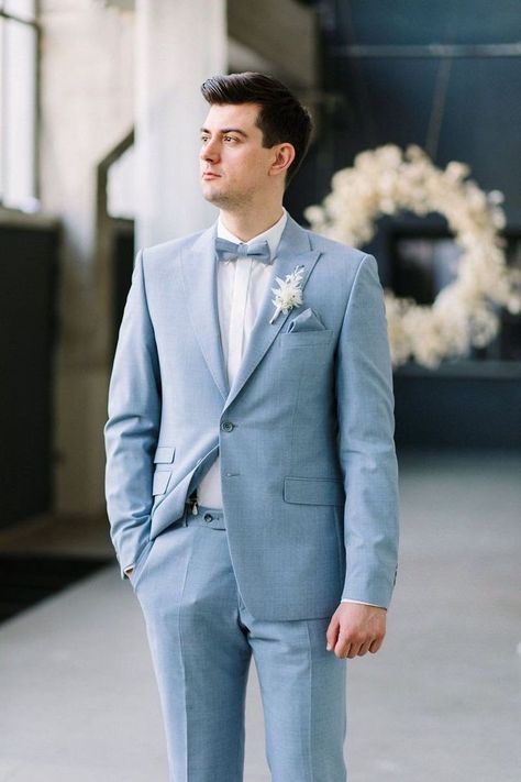 Blue Tux Wedding, Light Blue Tux, Groom Outfit Inspiration, Pastel Blue Wedding, Blue Groomsmen Suits, Reception Suits, Groom Blue Suit, Powder Blue Wedding