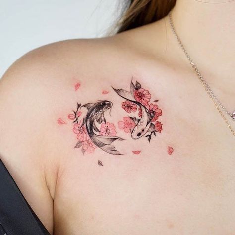 Koi Fish And Cherry Blossom Tattoo, Koi Fish Lotus Tattoo, Koi Fish And Cherry Blossom, Sakura Flower Tattoo, Pisces Fish Tattoos, Sakura Tattoo, Flower Wrist Tattoos, Tattoo Pictures, Pisces Tattoos