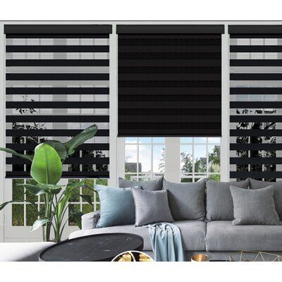 Providing privacy while still letting in some natural light, this corded semi-sheer roller shade offers the best of both worlds very high quality and finished look. This piece can be raised and lowered to different heights to suit your needs with the out cord, making it safer for kids. A neutral hue helps it blend with a variety of color palettes and aesthetics, while alternating slats round out the understated look with a dash of distinction. You can adjust the length and width of the blind. Wi Roller Shades Living Room, Black Roller Blinds, Black Window Treatments, Sheer Roller Shades, Modern Roller Blinds, Roller Blinds Design, Blinds For Windows Living Rooms, Black Blinds, Cortina Roller