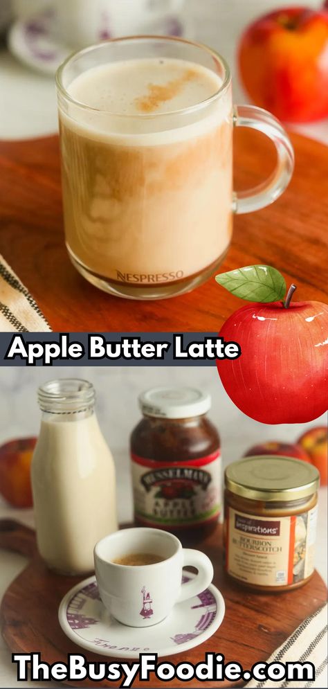 Coffee Recipes Fall, Apple Cider Coffee Drinks, Apple Coffee Drinks, Butterscotch Coffee Syrup, Apple Latte Recipe, Apple Butter Latte, Apple Butter Cocktail, Apple Pie Latte, Hot Drinks For Fall