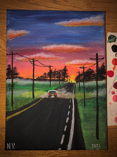 Paintings Nature Easy, Road Painting Acrylic Easy, Road Landscape Painting, Road Sunset Painting, Road Painting Easy, Road Painting Ideas, Powerline Painting, Road Canvas Painting, Super Easy Paintings For Beginners