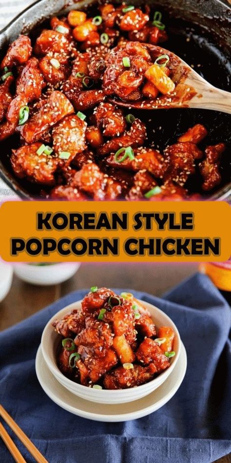 Korean style popcorn chicken (Dakgangjeong, 닭강정) is a popular Korean street snack in Korea. The boneless chicken nugget is deep fried and coated with Korea’s special sticky, spicy, tangy and sweet sauce. Korean Popcorn Chicken Recipe, Korean Fried Chicken Recipe, Popcorn Chicken Recipe, Korean Chicken, Korean Fried Chicken, Korean Recipes, Meatless Main Dishes, Chicken Nugget, Popcorn Chicken