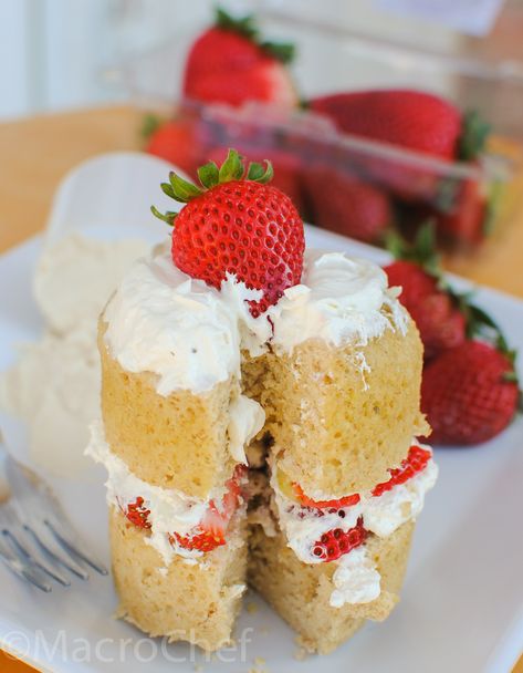 Strawberry Shortcake Protein Mug Cake | MacroChef MacroChef Greek Yogurt Whipped Cream, Protein Mug Cake, Lemon And Coconut Cake, Protein Mug Cakes, Vanilla Mug Cakes, Yoghurt Cake, Mug Cakes, Protein Cake, Protein Pudding