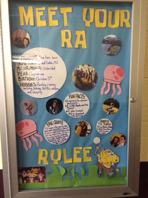 "About Me" Spongebob theme RA bulletin board All About Me Ra Board, Spongebob Dorm Theme, Spongebob Ra Board, Ra Bulletin Boards Spongebob, Ra Resource Bulletin Board, About Me Ra Bulletin Board, About Me Ra Board, About Me Board Ra, Ra Poster Ideas