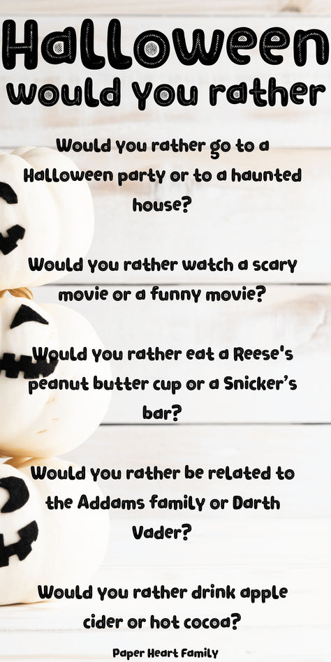 These Halloween Would You Rather questions for kids are so much fun! Would your kids choose this or that? Even adults would enjoy this Halloween questions game! Kids Valentines Activities, Halloween Questions, Funny Halloween Jokes, Fun Halloween Activities, Halloween Jokes, Would You Rather Questions, Printable Valentines Day Cards, Christmas Games For Kids, Holiday Activities For Kids