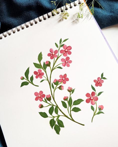 Flowers Aesthetic Drawing Acrylic, How To Paint Dainty Flowers, Easy Pink Flowers To Paint, Small Flowers Illustration, Tiny Flower Painting Acrylic, Small Flowers Acrylic Painting, Easy Floral Designs Paint, Dainty Flower Painting Easy, Pink Flower Canvas Painting