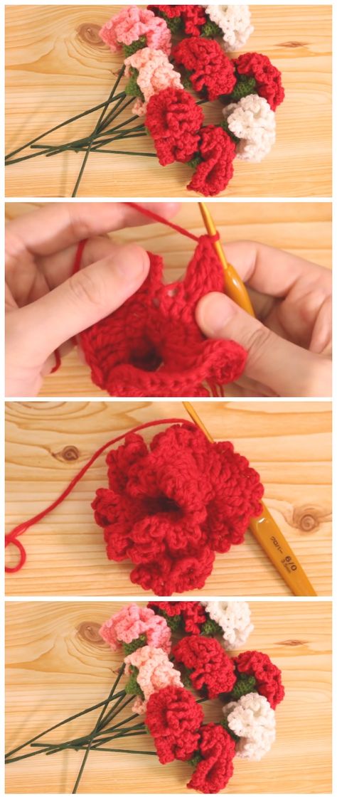 Crocheted Carnations Patterns, Carnation Crochet Granny Square, Crochet Flowers With Stems, Carnation Flower Crochet Pattern, Red Crochet Flowers, Carnation Crochet Pattern, Crochet Carnation Pattern Free, Carnation Flower Crochet, Flower Puff Stitch