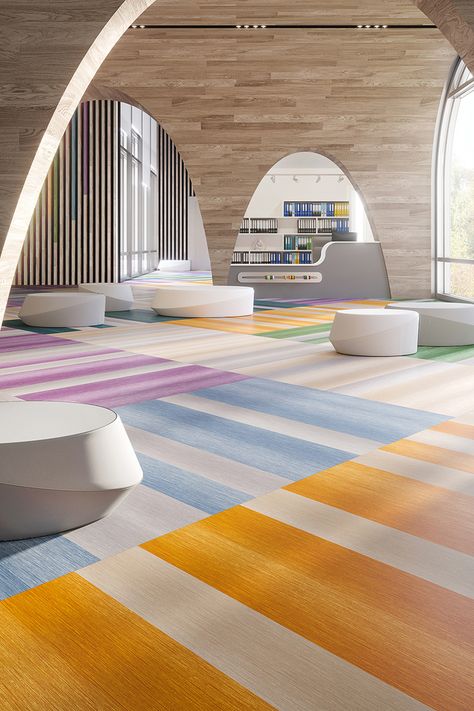 NeoCon’s Standout Flooring Trends School Floor, Colorful Carpet, Baby Lounge, Kindergarten Interior, Kindergarten Design, School Interior, Kids Flooring, Flooring Trends, Healthcare Design