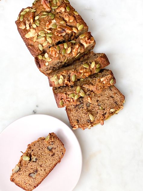 PALEO PUMPKIN BANANA BREAD:        TWO WAYS (refined sugar free, dairy free, gluten free) — EMILY KRINER Paleo Pumpkin Banana Bread, Blueberry Pie Bars, Paleo Pumpkin Bread, Paleo Banana Bread, Pumpkin Banana Bread, Paleo Bread, Pumpkin Banana, Paleo Pumpkin, Food Help