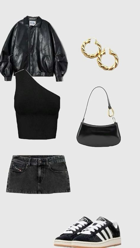 Concert Outfit Rap, Tds3 Outfit, Perfect Summer Aesthetic, Fashion Magazine Aesthetic, Mini Skirts Outfits Summer, Magazine Aesthetic, Black Mini Skirt Outfit, Shoulder Tops Outfit, Black Denim Mini Skirt