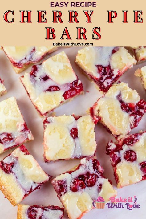 Cherry pie bars with vanilla icing are a delicious fruit dessert that is perfect for serving a crowd at any get-together! The sweet vanilla glaze requires only 3 ingredients and is perfect for topping off the golden buttery crust stuffed with cherry pie filling. Bring these cherry pie squares to a party, gathering, or potluck and everyone will want to know the recipe! BakeitWithLove.com #dessertbars #cherryfilling #pie #bakeitwithlove Cherry Pie Filling Recipes Easy, Cherry Pie Bars Recipe, Pie Squares, Fresh Cherry Recipes, Cherry Pie Filling Recipes, Cherry Recipes Dessert, Easy Dessert Bars, Cherry Pie Bars, Homemade Cherry Pies