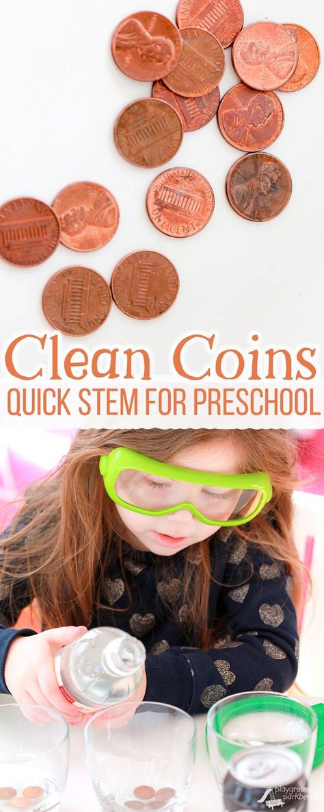 What liquid will clean coins best? A simple science experiment for preschoolers to introduce the scientific method - ask a question, make a guess, test, and review your results. | Preschool | STEM | STEAM | Science Project | Money | Kids Activities | Steam Science Projects, Experiment For Preschoolers, Science Experiments Kids Preschool, 365 Jar, Science Experience, Stem Activities Preschool, Preschool Stem, Preschool Science Activities, Science Experiments For Preschoolers