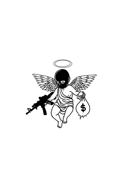 Angle With Ak47 Tattoo, Thug Angel Tattoo, Tattoo Designs Money, Angel With Ak Tattoo, Angel Tattoo Designs For Men, Tattoo Ideas Money, Money Tattoo Designs, Gangsta Art, Tattoo Homme