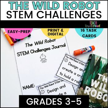 The Wild Robot STEM Challenge is the perfect low-prep activity to integrate science into literature. This cross-curricular resource will introduce your students to the engineering design process, allowing them to increase their problem-solving and critical-thinking skills with 16 STEM challenges!This Wild Robot activity includes a printable and digital option, as well as printable bulletin board decor to get students excited about the challenges. This resource is ideal for teachers wanting a hig Wild Robot Stem Activities, Wild Robot Bulletin Board, Wild Robot Art Project, The Wild Robot Stem Activities, The Wild Robot Activities, Wild Robot Activities, Stem Task Cards, Stem Bulletin Boards, Robot Activity