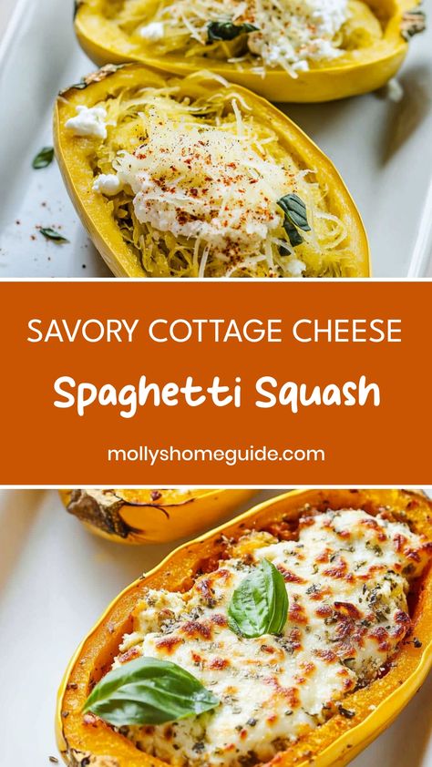 Discover a delicious twist on traditional spaghetti with this Cottage Cheese Spaghetti Squash recipe. The unique combination of creamy cottage cheese and roasted spaghetti squash creates a light yet satisfying dish that's perfect for lunch or dinner. Whether you're looking to add more veggies to your diet or simply want to try something new, this Cottage Cheese Spaghetti Squash dish is sure to become a family favorite.  Ingredients 1 spaghetti squash (about 1 pound) 1 tablespoon olive oil Salt, Spaghetti Squash Kale Recipes, Spaghetti Squash Dishes, Spaghetti Squash Recipes Breakfast, Spaghetti Squash With Cottage Cheese, Spaghetti Squash Recipes Cream Cheese, Spaghetti Squash With Goat Cheese, Spaghetti Squash Recipes Creamy, Spaghetti Squash And Cottage Cheese, Ways To Eat Spaghetti Squash