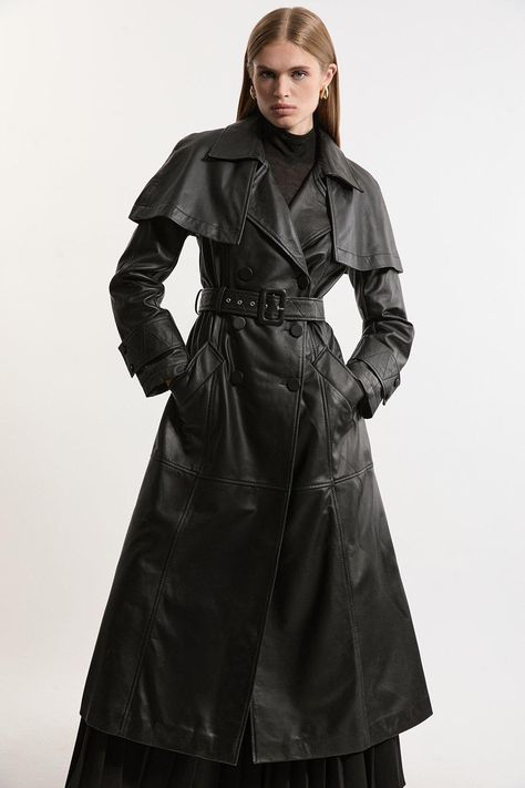 Leather Cape Detail Trench Coat Long Black Trenchcoat, Grunge Trench Coat, Goth Trench Coat, Cool Trench Coat, Karen Outfit, Long Trench Coat Outfit, Fantasy Attire, Leather Coat Outfit, Gothic Trench Coat