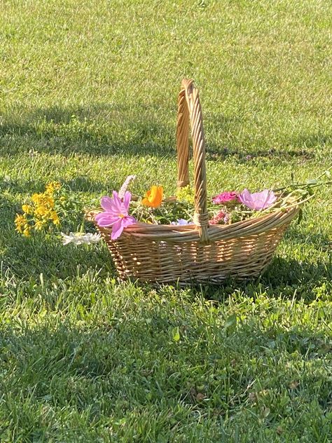 Flower Aesthetic Cottagecore, Flower Crown Cottagecore, Bright Cottagecore Aesthetic, Flowers In Basket Aesthetic, Basket Of Flowers Aesthetic, Wicker Basket Flowers, Cottagecore Picnic Basket, Flowers In Picnic Basket, Flower Garden Picnic