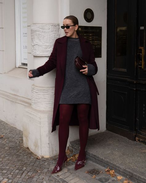 burgundy tight season is back 🍒🍷 Burgundy coat @josephfashion Grey knit @sezane Burgundy tights @calzedonia Bag @sezane #winterfashion #sezanelovers #burgundy , burgundy tights, red tights, weinrot, oxblood, sezane bag, winter outfit inspo, knitwear , grey knit , Burgundy Boots Outfit Ankle, Maroon And Grey Outfit, Burgundy Chelsea Boots Outfit, Burgundy Tights Outfit Winter, Burgundy And Grey Outfits, Burgundy Loafers Outfit, Burgundy Tights Outfit, Burgundy Boots Outfit, Sezane Bag