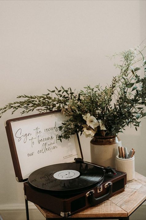 Record player wedding guest book with vinyl record to be used for guests to sign their names and write a personal message to the bride and groom Alternative Wedding Guest Book Ideas, Record Wedding, Wedding Guest Book Table, Alternative Wedding Guest Book, Wedding Guest Signing, Tweed Wedding, Renewal Wedding, Guest Book Table, Green Tweed