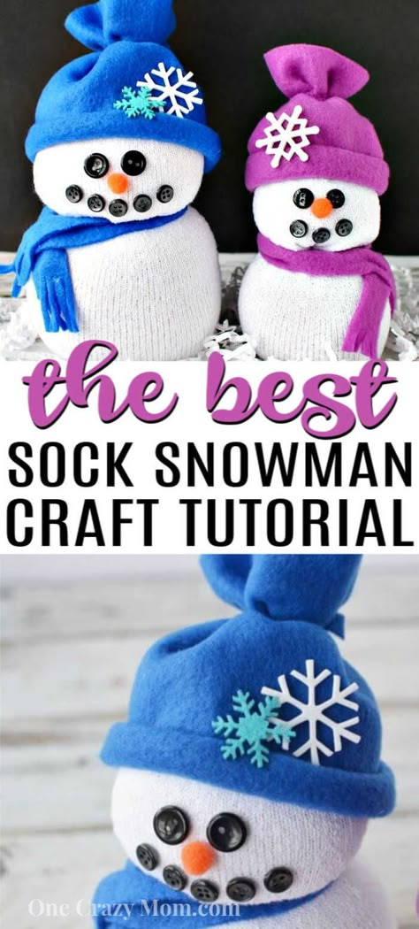 You will love learning how to make sock crafts! Find out how to make a snowman made out of socks with rice for kids. This DIY easy Sock Snowman craft with hats is so cute and simple to make!  Everyone in the family will love this winter no sew craft! #onecrazymom #sockcrafts #socksnowman Sock Santa Craft, Tube Sock Snowman For Kids, Pattern For Sock Snowman, How To Make Sock Snowmen With Rice, Snowman Hats To Make, Sock Hats For Snowmen, Easy Sock Snowman Craft, Sock Snowmen With Rice Diy, Snowman Socks Diy