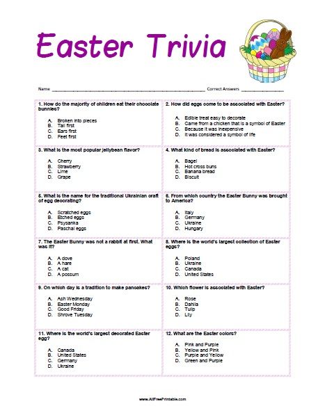 Free Printable Easter Trivia Quiz. Free Printable Easter Trivia Game to have fun at Easter celebration party. Let's find out how much you know about Easter. Try to answer this easy trivia about the Easter flower, Easter bunny, Easter eggs, Easter bread, Easter egg decoration, largest decorated Easter egg, Egg hunt, Chocolate, Jellybeans, Easter pancakes, Egg basket, and more from Easter Pancakes, Easter Quiz, Easter Trivia, Trivia Quiz Questions, Fun Quiz Questions, Easter Party Games, Easter Egg Coloring Pages, Quiz With Answers, Easter Flower