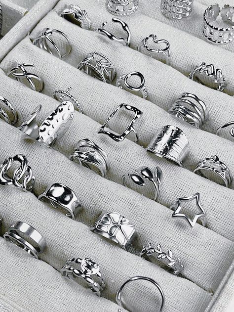 Shein Rings Aesthetic, Shein Jewelry Rings, Edgy Silver Rings For Streetwear, Nail Ring Jewelry Shein, Grunge Jewelry Ring Set, Watches Women Fashion, Steel Ring, Stainless Steel Rings, Pattern Mixing