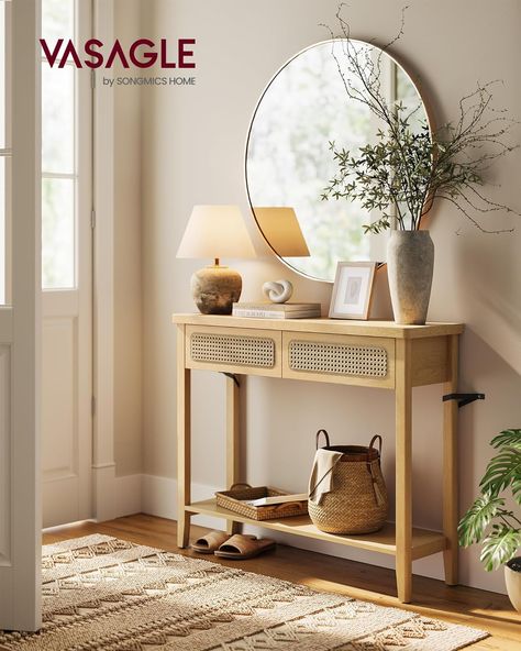 Open Storage Shelf, Rounded Corners, for Living Room, Boho Style, Oak Beige ULNT016Y57 #affiliatelink #consoletable #doorentry #walkway #boho #bohemian #rattan Small Hallway Table, Boho Hallway, Narrow Entryway Table, Narrow Sofa Table, Console Table Entryway, Narrow Table, Console Table With Drawers, Hallway Table, Small Hallways