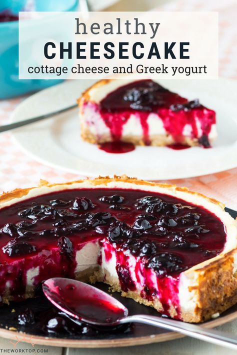 This healthy cheesecake is made with cottage cheese and greek yogurt. It’s much higher in protein than a classic cheesecake, but you’ll never be able to taste the difference. This is served with blackcurrant jam. Recipe on www.theworktop.com. || #healthy #cheesecake #recipe #cottagecheese #greekyogurt #dessert Cheesecake With Cottage Cheese, Keto Bakes, Cheesecake Healthy, Cottage Cheese Dessert Recipes, Healthy Cheesecake Recipes, Cottage Cheese Recipes Healthy, Cottage Cheese Desserts, Healthy Cakes, Healthy Cheesecake