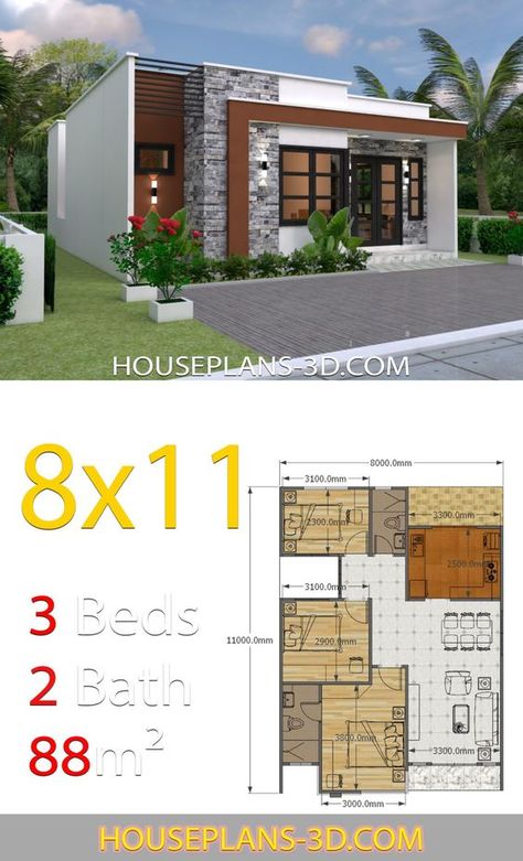 House Plans 10x18 With 3 Bedrooms Full Plans - SamHousePlans Small House Layout Plans 3 Bedroom, Small House Plans 3 Bedroom Simple Open Floor, 3 Bedroom Modern Bungalow House Plans, 3bedroom House Plans Modern Bungalow, Three Bedroom House Plan Simple, Three Bedroom House Plans Modern, Small Three Bedroom House Plans, House Plans 3d, Three Bedroom House Plan