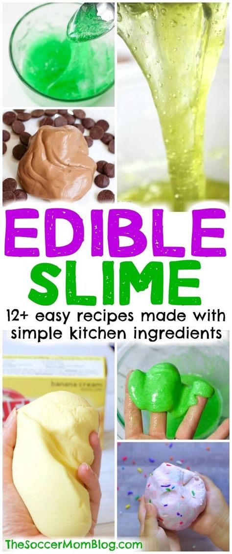 A huge collection of edible slime recipes for kids -- made with safe, non-toxic ingredients found at home. How to make slime WITHOUT borax, starch or glue. via @https://www.pinterest.com/soccermomblog Safe Slime Recipe, Make Slime For Kids, Edible Slime Recipe, Slime Ingredients, Edible Slime, Homemade Playdough Recipe, Slime Recipes, Kitchen Ingredients, Diy Edible