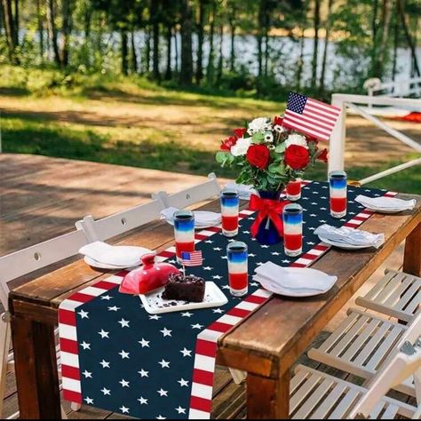 Absolutely Beautiful Set Your Tables For The Holidays With This Patriotic Red White And Blue Stars And Stripes Linen Table Runner. This Design Is Perfect For Use Year Round, All Summer Or For Several Holidays Like Memorial Day, Independence Day / Fourth Of July (4th Of July), Labor Day & Veterans Day. It’s The Perfect Decorative Centerpiece For Your Parties, Events, Bbqs, And Celebrations. Measures: 72” L X 13” W 100% Polyester Bpa Free Made From Durable High Quality Materials Fade Resistant Eas Birthday Party 13, 4th Of July Table Runner, Hotel Dinner, Linen Table Runners, Independence Day Theme, Festival Atmosphere, Holiday Birthday Party, Memorial Day Decorations, Party Kitchen