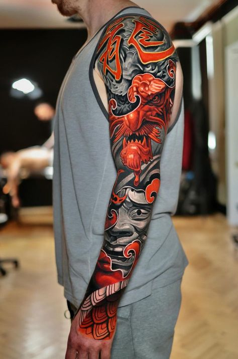 Modern Japanese Tattoo, Dragon Tattoo Realistic, Irezumi Sleeve, Japanese Tattoo Sleeve, Samurai Tattoo Sleeve, Hero Tattoo, Buddha Tattoo Design, Irezumi Tattoos, Japanese Sleeve Tattoos