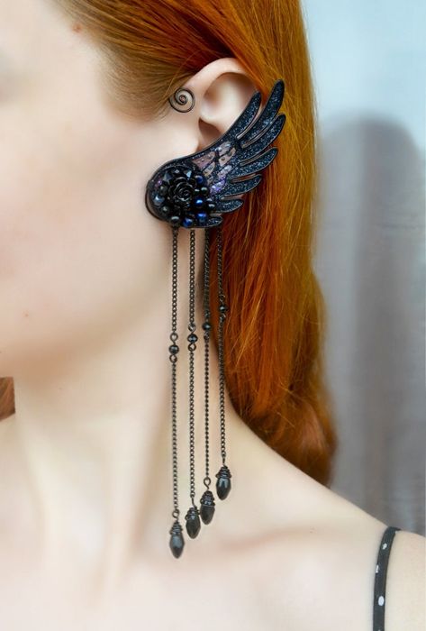 Angel Wing Ear Cuff, Wing Ear Cuff, Raven Wings, Elf Ear Cuff, Black Angel Wings, Fairy Ears, Blue Tooth, Black Angel, Custom Jewelry Ideas