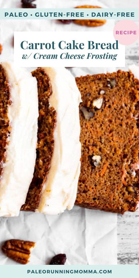 This paleo carrot cake bread is moist, tender and sweet, with warm spices and a dairy free cream cheese frosting! It’s as delicious as carrot cake but easier to make and perfect for brunch and dessert. Gluten free, dairy free. Dairy Free Cream Cheese Frosting, Paleo Cakes, Carrot Cake Bread, Paleo Carrot Cake, Bread With Cream Cheese, Carrot Cake Loaf, Paleo Breads, Dairy Free Frosting, Paleo Cake