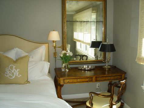 traditional bedroom by Kathleen Burke Design - love that writing desk turned bedside stand.  Nice mirror also. Mirror Behind Nightstand, Traditional Bedrooms, Traditional Bedroom Design, Basement Guest Rooms, Nightstand Design, Bedroom Traditional, New Bedroom Design, Traditional Bedroom Decor, Gold Bedroom