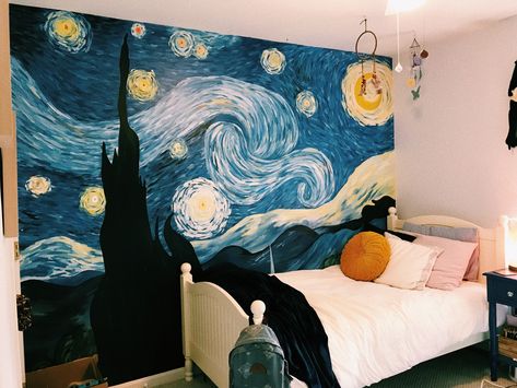 starry night wall -katie st. laurent🌼✨🌞🌎🌻 vsco: katiesaintl Starry Night Mural Bedrooms, Starry Night Painting On Wall, Starry Night Room Decor, Starry Night Wall Painting, Starry Night Mural, Bedroom Mural Ideas Paint, Starry Night Room, Starry Night Bedroom, Wall Murals Diy