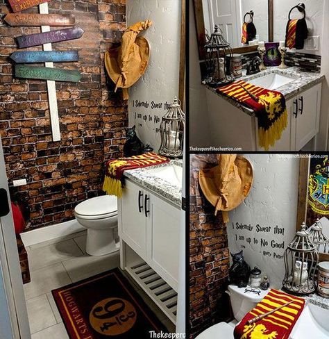 Brick bathroom wall - Platform 9 3/4 Harry Potter Bathroom Decor Ideas, Harry Potter Themed Bathroom Ideas, Harry Potter Kitchen Theme, Harry Potter Bathrooms, Harry Potter Secret Room, Harry Potter Inspired Bathroom, Harry Potter Toilet Ideas, Harry Potter Theme Bathroom, Harry Potter Themed Bathroom