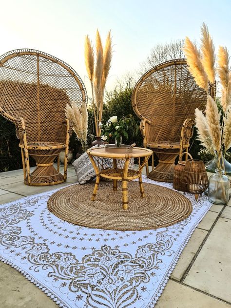 Peacock chairs, boho wedding package, boho seating, boho bride Boho Peacock Chair Decor, Wedding Peacock Chairs, Peacock Wicker Chair, Peacock Chairs Wedding, Peacock Chair Wedding, Boho Peacock Chair, Peacock Chair Decor, Bohemian Centerpieces, Mid Century Palm Springs