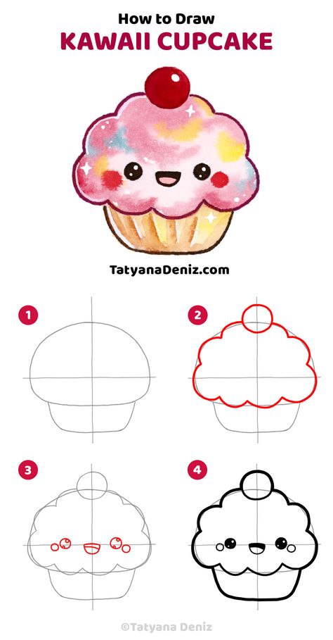 Easy step-by-step tutorial to draw kawaii cupcake. This fun drawing is perfect to draw with kids, use in DIY and crafts, put on a greeting card or a t-shirt design. I used watercolor to color it, but it would look great with pencils or markers too. Kawaii art and drawing tutorial by Tatyana Deniz. Drawing Food Step By Step Watercolor Painting, Kawaii Drawing Tutorial Step By Step, Kawaii How To Draw, How To Draw Cute Food, Cute Drawings For Kids Kawaii, Easy Doodle Art Step By Step, Kawaii Drawing Tutorial, Drawing Step By Step For Kids, How To Draw Kawaii Step By Step