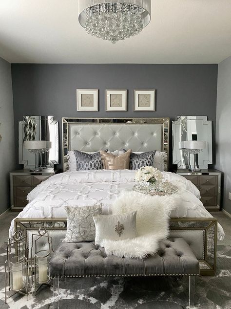 Glam Bedroom Decor, Amazing Bedroom Designs, Silver Bedroom, Beautiful Bedrooms Master, Glam Bedroom, Apartment Decor Inspiration, Luxury Rooms, Master Bedrooms, Room Makeover Bedroom