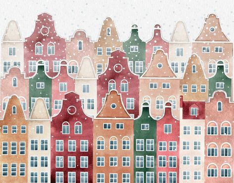 Winter House Illustration, Town Watercolor, Houses Watercolor, Winter Houses, Town Drawing, City Houses, Snow House, Watercolor House, House Clipart