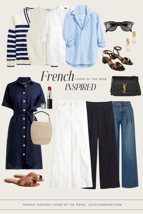 6 different outfit combinations for french outfits for the week French Preppy Style, Nice France Outfits Spring, French Style Over 50, Summer French Outfits, French Fashion Spring, Parisian Summer Outfits, French Wardrobe Basics, French Outfits, French Style Clothing