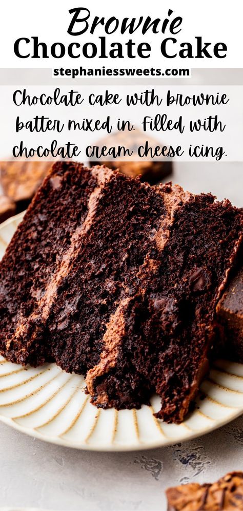 This brownie cake is a decadent chocolate cake with brownie layers baked into the cake. It has an amazing texture and tastes amazing!