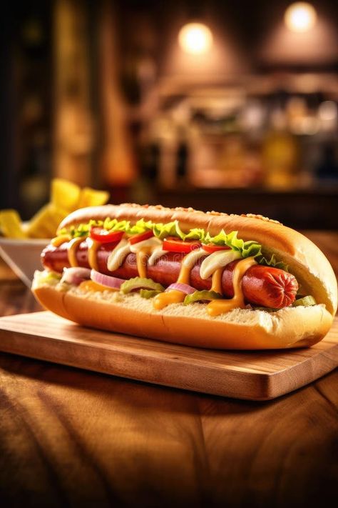 Delicious hotdog, sausage in bread close-up with French fries. Fast food. Menu royalty free stock photo Hot Dogs Negocio Ideas, Hot Dog Aesthetic, Hot Dog Photography, Fast Food Photography, French Hot Dog, Hod Dog, Hot Dog Sandwich, Food Hot Dog, Hotdog Sandwich