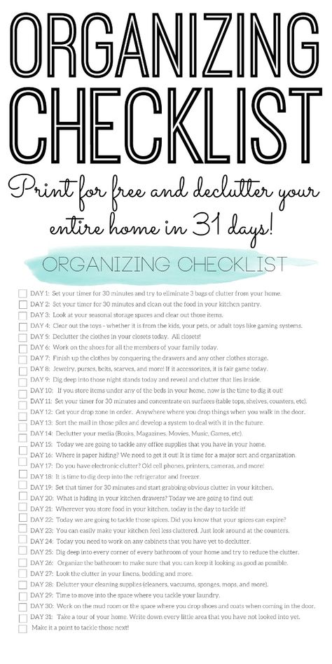 Print this organizing checklist to declutter your home in just 31 days! Organizing Checklist, Organization Checklist, Declutter Home, Country Chic Cottage, Print Outs, Konmari Method, Declutter Your Life, House Cleaning Checklist, Household Cleaning Tips