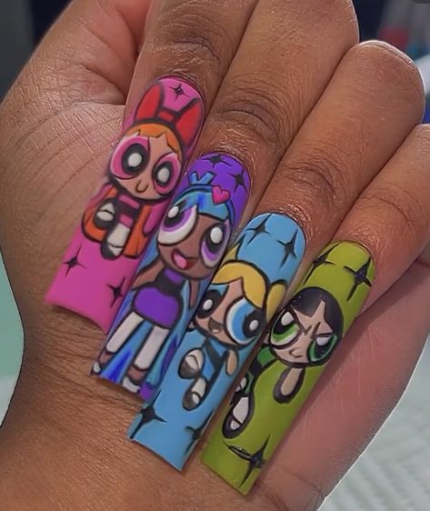 Buttercup Powerpuff Nails, Blossom Nails Powerpuff, Bubbles Nails Powerpuff, Power Puff Girls Nails, Powerpuff Girls Nails Acrylic, Powerpuff Girls Heart Nails, Powder Puff Girls, Nail Salon Design, Airbrush Nails