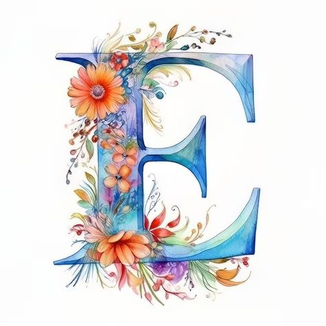 Floral Monogram Letter Printable, Letter E With Flowers, Letter With Flowers, Floral Monogram Letter, Baby Photo Frames, Letter Art Design, Family Flowers, Illumination Art, Drawing Letters