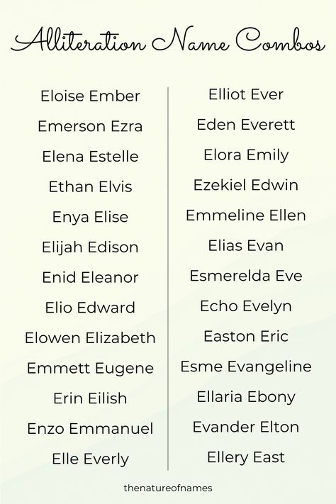 Looking for a first and middle name combo with alliteration? These names starting with E are excellent options!
#alliterationnames #names #babynames #characternames #enames #namesstartingwithe Elegant Boy Names, First And Middle Names, Writing Things, Fantasy Names, Aesthetic Names, Pretty Names, Name Inspiration, Book Writing Inspiration